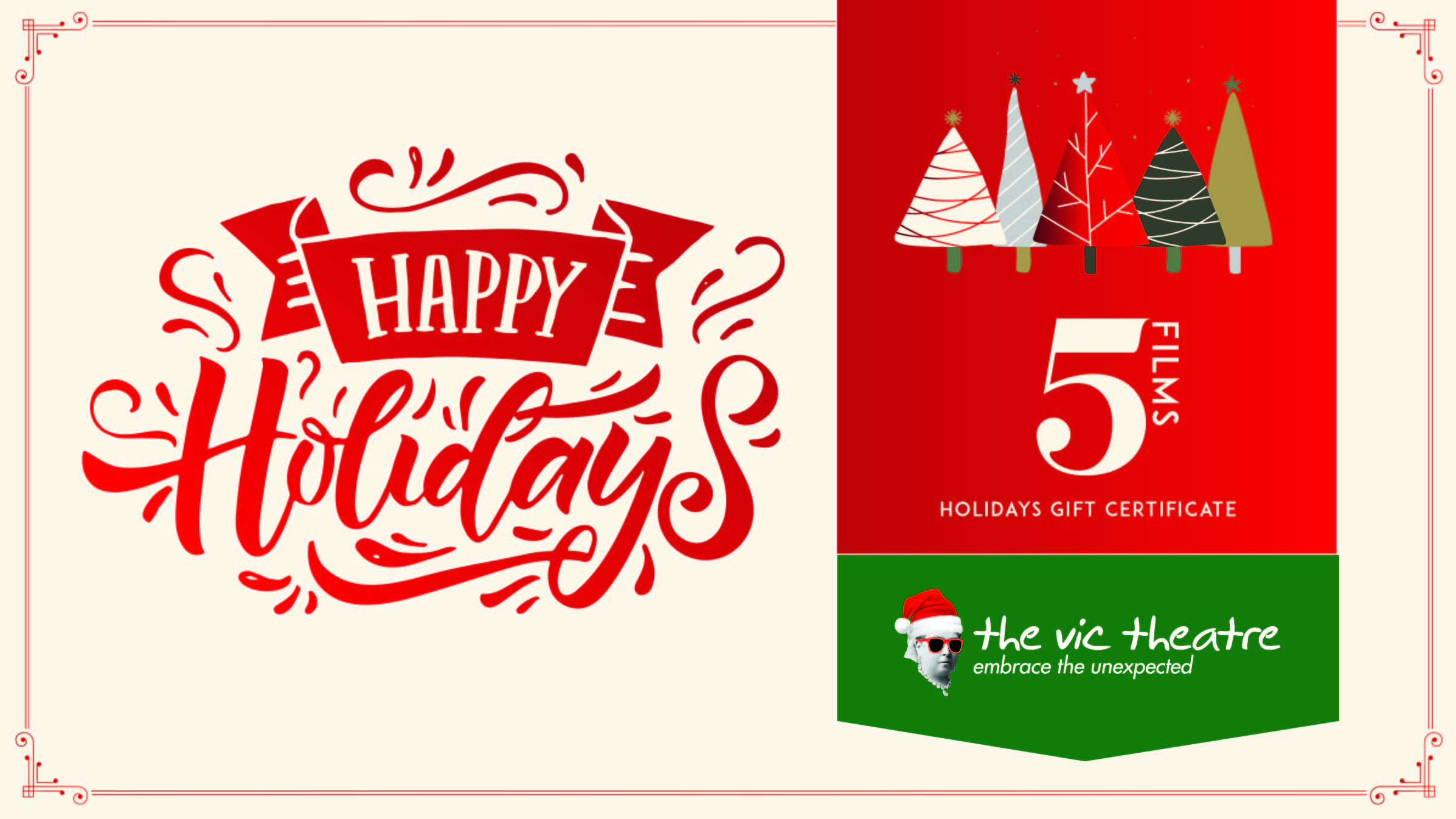 Holiday Gift Vouchers • 5 Vic Theatre Film Gift Certificates • $62